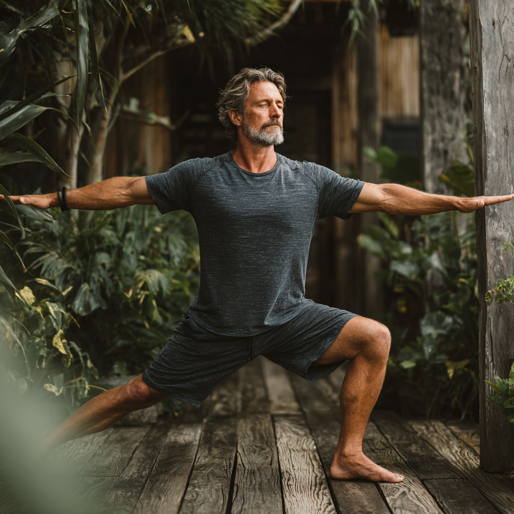 Mature man in his late forties performing a balanced yoga pose on a wooden deck surrounded by lush greenery with peaceful expression