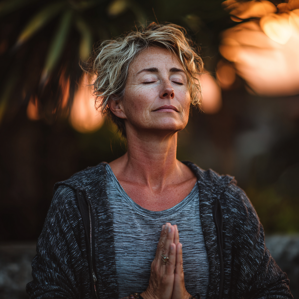 Peaceful woman in her fifties practicing yoga meditation pose in a serene natural outdoor setting with soft lighting